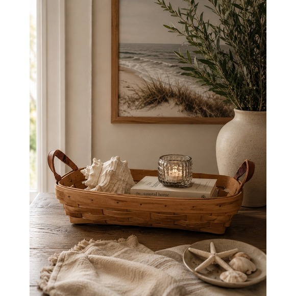 Longaberger Other - Longaberger Baskets Woven Wood Leather Handles Basket Organizer Storage